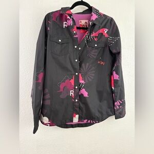 Roxy button down long sleeve printed black  windbreaker size S